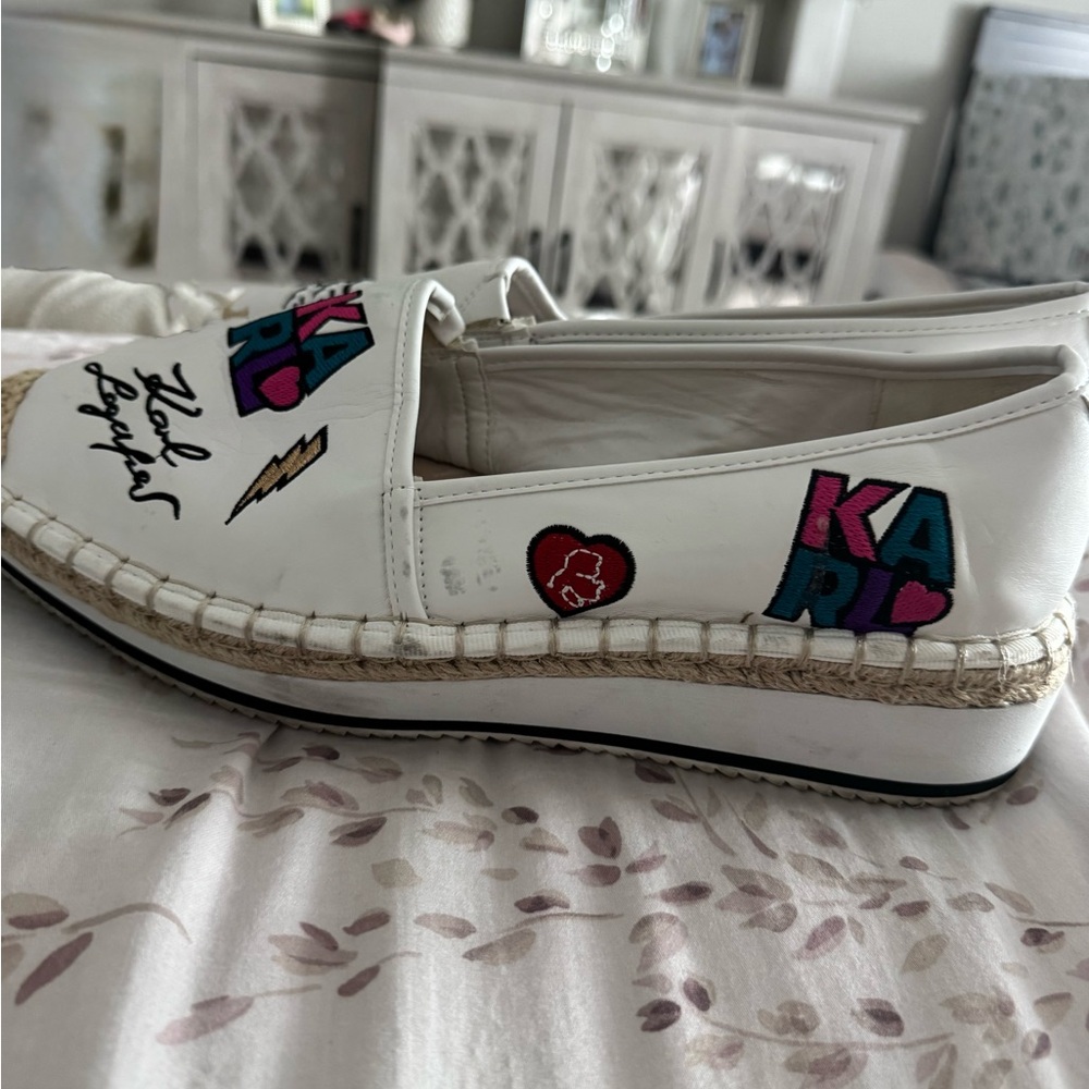 White Embroidered Espadrille Slip-On Shoes